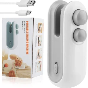 Mini 2-in-1 rechargeable heat sealer & cutter for chip and food bags.
